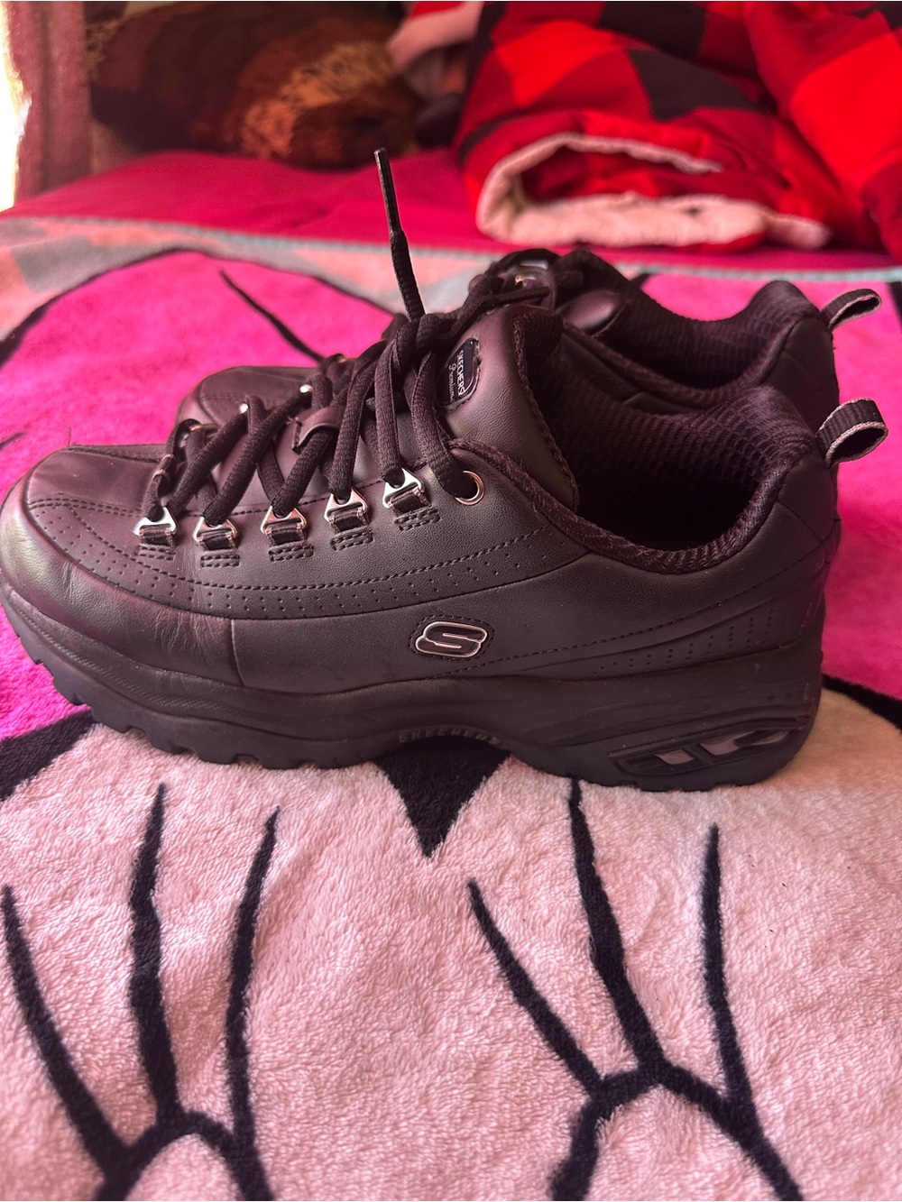 Skechers Premium Black Leather Chunky Lace-Up Sneakers
